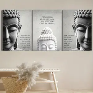 3pcs 2D Buddha Head Art, Motivational Quotes, Inspirational Buddhist Canvas for Indoor and Outdoor Use, Great for Home Office, Bathroom, Living Room, Bedroom, Cafe, Restaurant Wall Hanging Decor- Wrapped Canvas- Wooden Frame
