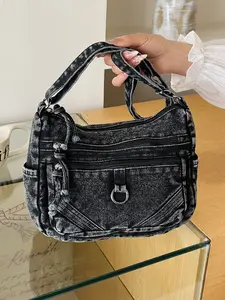 Trendy Fashion Multi-Pocket Smooth Zipper Design Denim Shoulder Crossbody Bag, Perfect for Daily Outing, Stylish and Practical