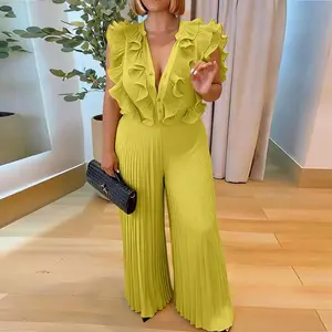 ChicMe Women's Ruffles Spliced V-Neck Sleeveless Button Front Pleated Overalls Casual Zipper Back Wide Leg Jumpsuit/Summer Outfits