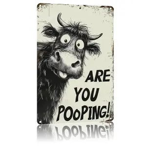 1 pc Vintage Highland Cow Bathroom Decor Sign – Black & White Funny “Are You Pooping?” Aluminum Wall Plaque, 8 x 12 Inch