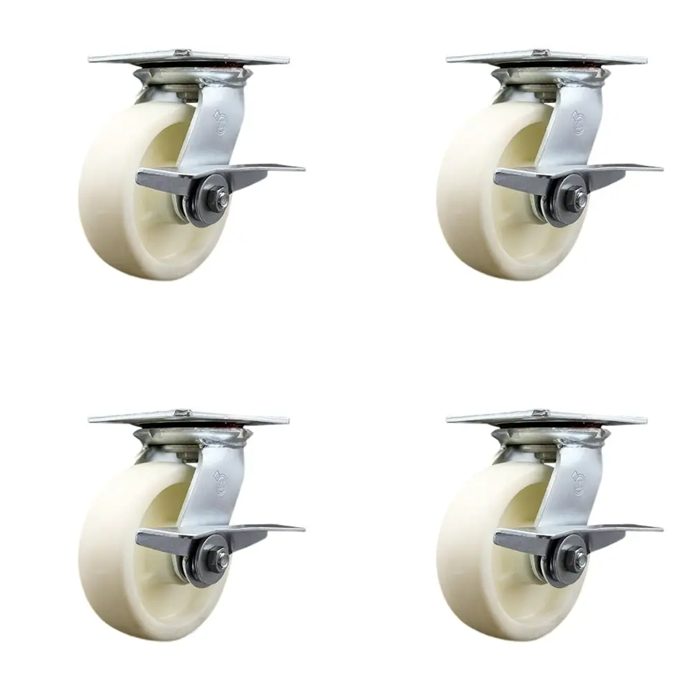 Service Caster SCC-35S620-NYR-SLB-4 Heavy Duty Large Top Plate Nylon Swivel Caster Set of 4, 6x2 in. White Wheels, Chemical Resistant, Side Brake, 5000 lbs Total Capacity for Carts & Equipment