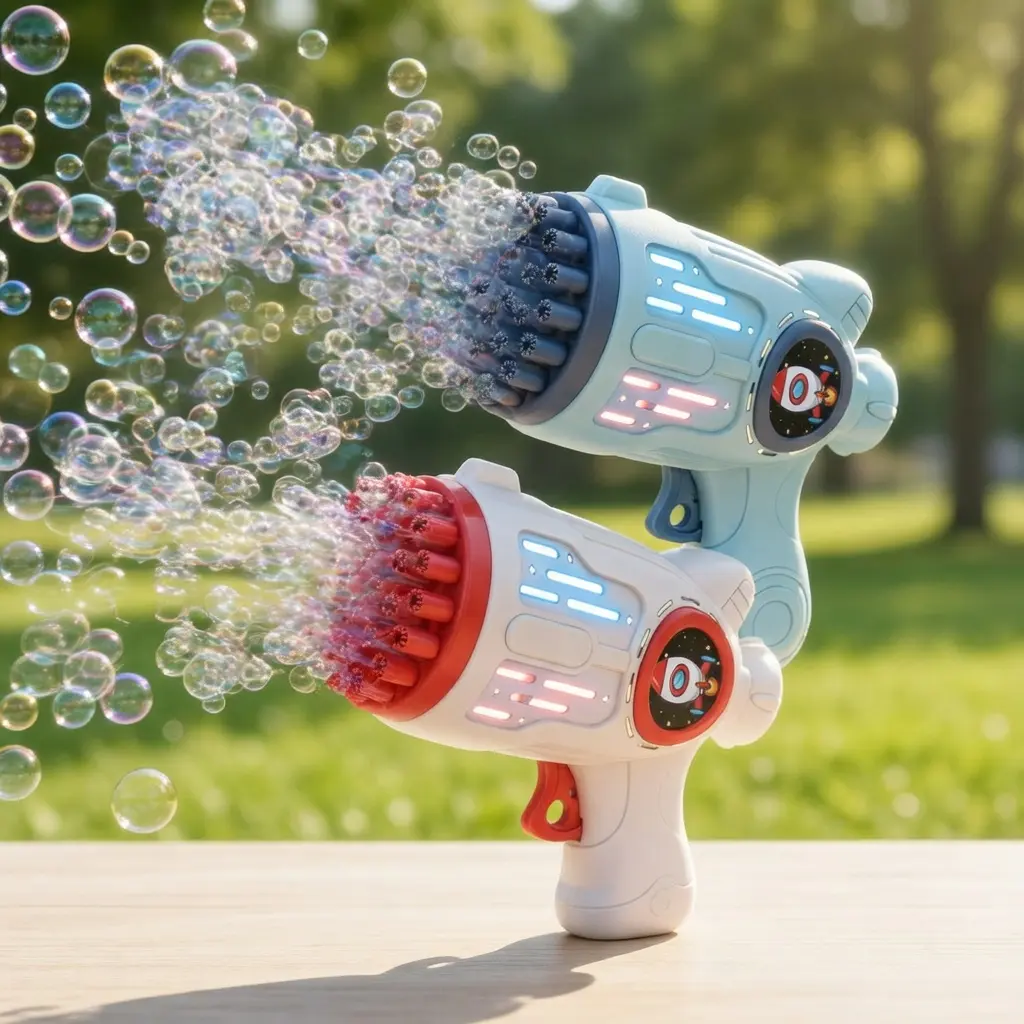 Automatic Rotating Gatling-Style Plastic Bubble Gun for Boys and Girls Ages 3-10, Glow-in-the-Dark with LED Lights, Outdoor Summer Party Festive Decoration Toy