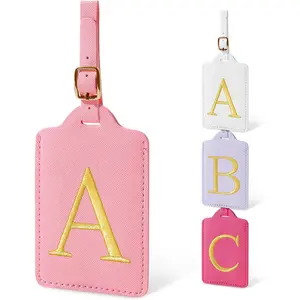 Initial Luggage Tags for Suitcases, Cute Embroidered Letter Luggage Bag Suitcase Identifier Name Baggage Tag, PU Leather Travel Luggage Tags, Bag Tags for Men Women Luggage Handbags(Pink A)