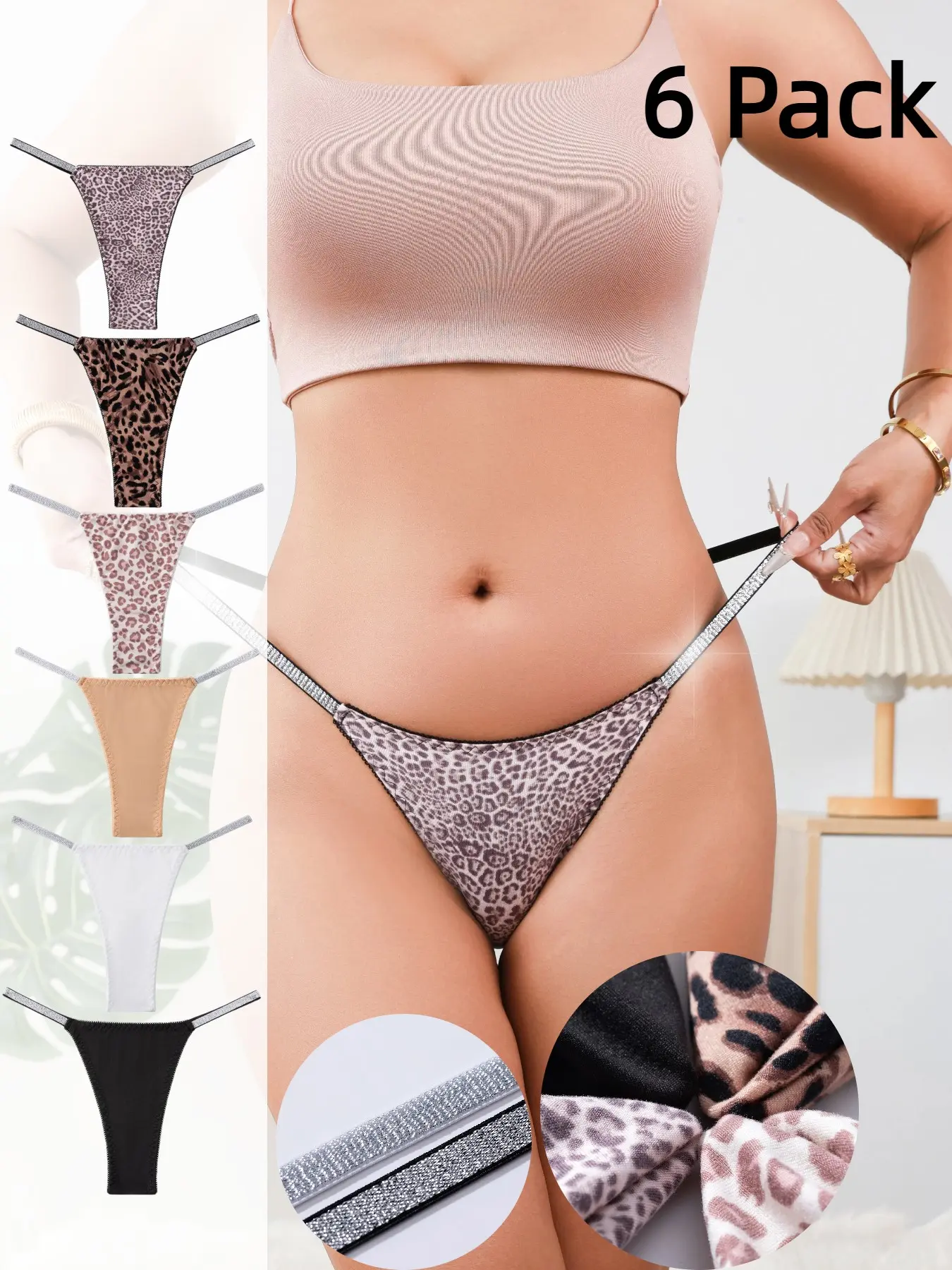 Women's Leopard Print Sexy Low-Waist Thong Panties, Lingerie, Underwear, Silver Color Belt Design, Soft Silk Fabric, Comfortable & Fashionable, 6-Pack