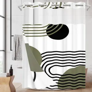 1PC Double Layer No Hooks Shower Curtain, Olive Green Abstract Geometric Line Print, Minimalist Modern Bathroom Decor, Detachable Buckle Liner for Home Hotel, 71×74 Inch