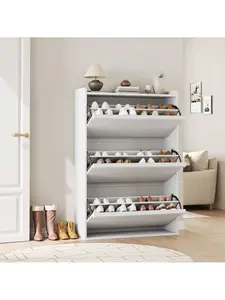 2025 White Modern Wooden Shoe Cabinet - 3 Flip Drawers, Adjustable Shelf, Hidden Shoe Rack for Entryway, Hallway, Indoor Furniture Storage Organizer