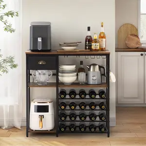 Kitchen Baker's Rack with 20 Bottles Wine Rack & Farbric Drawer, 5 Tier Wine Bar Rack with Hooks & Glass Holder, Microwave Oven Stand, Home Coffee Bar Organziers, Narrow