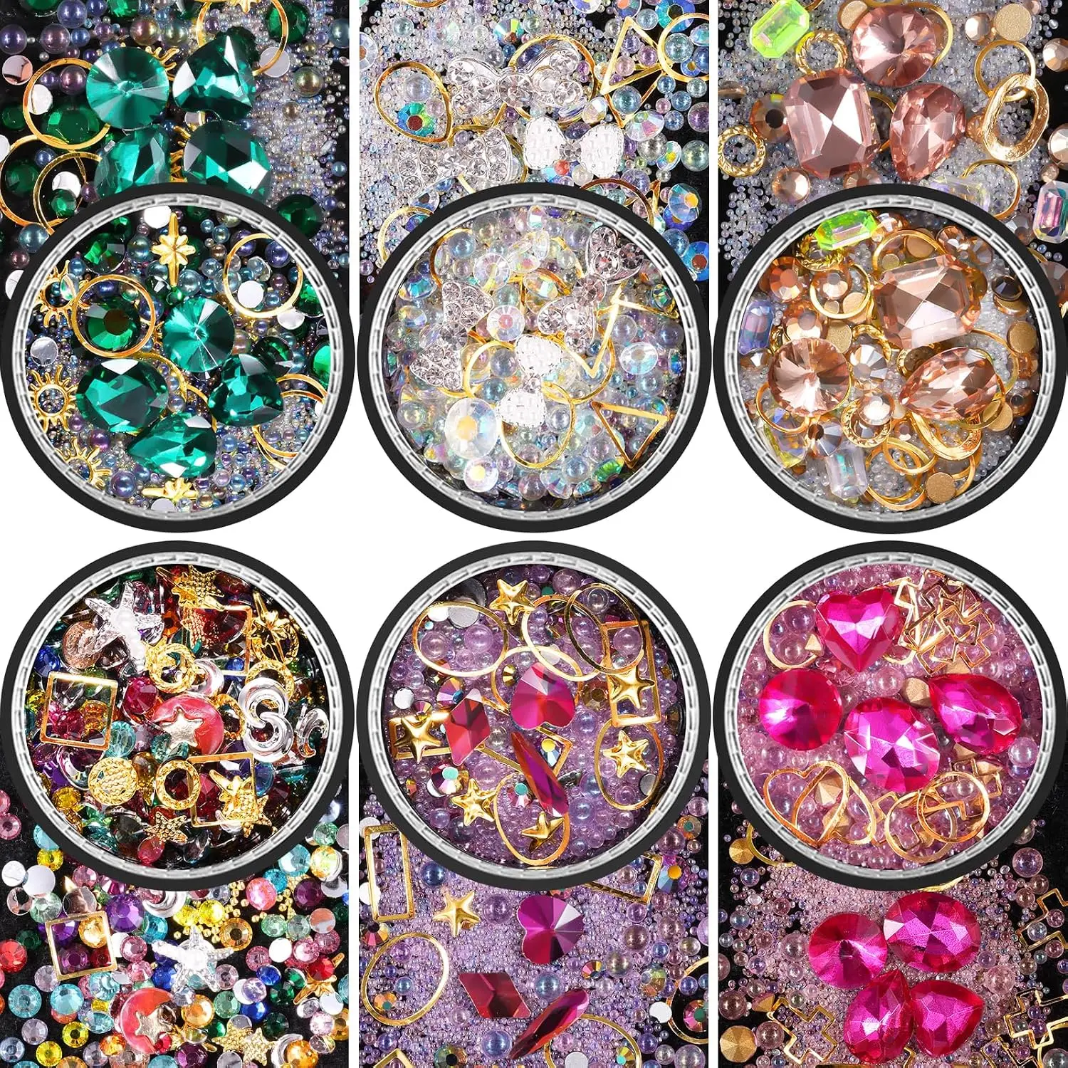 6 Wheels Mixed Sparkle Nail Art Rhinestones Diamonds Crystals Butterfly Beads Artificial Pearls Gold Silver Nail Studs Gems Metal Hollow Rivets Charms