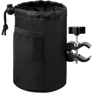 Motorcycle Cup Holder with 0.75"-1.5" Alligator Clamp, Drink Holder up to 32oz with Mesh Pockets, Universal Water Bottle Holder for Motorcycle, Bicycle, ATV, Wheelchair, e-Bike, Boat (Black)