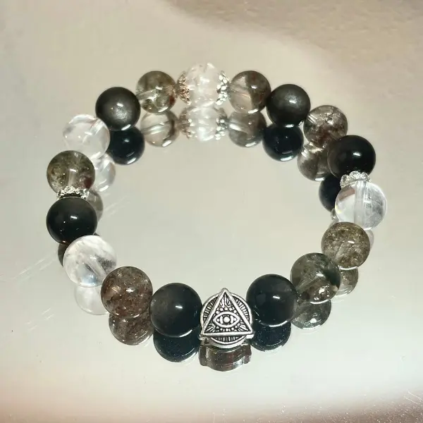 Sheen Obsidian, Clear Crystal, Phantom Quartz | 10mm Stretchable Black & White Beaded Gemstone Bracelet | Healing Crystal | Halloween