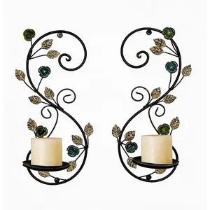 Wall Candle Sconces Set of 2, Rustic Metal Wall Mount Candle Holders with Foldable Tray, Vintage Leaf & Flower Branch Wall Decor for Living Room Farmhouse Mantle Fireplace Wedding