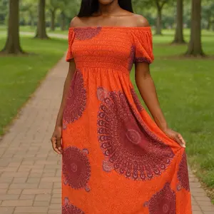 Dress 4 Colors - Orange Off-the-Shoulder Design with Unique Pattern