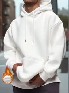 Men's White Solid Color Drop Shoulder Long Sleeve Drawstring Pocket Casual Hoodie for Autumn Winter Modern Comfortable Knitted Fabric