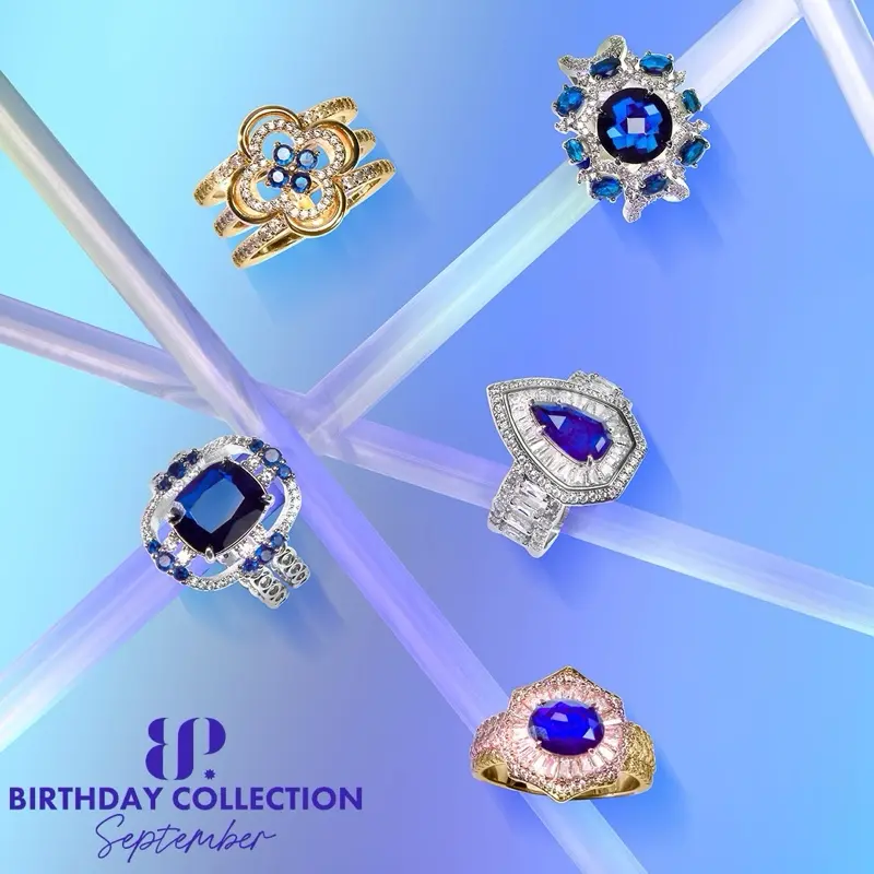 BP September Birthstone Rings - "Unrevealed Fizzable Cube" Collection, Lab-Created Sapphire Blue Stone Diamond-Like Jewelry Accessory, Jewelry Rings