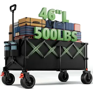 46" L Collapsible Foldable Extended Wagon, 500LB Weight Capacity with 280L Heavy Duty Folding Cart,Utility Wagon with -Terrain Beach Wheel & Drink Holders,Black