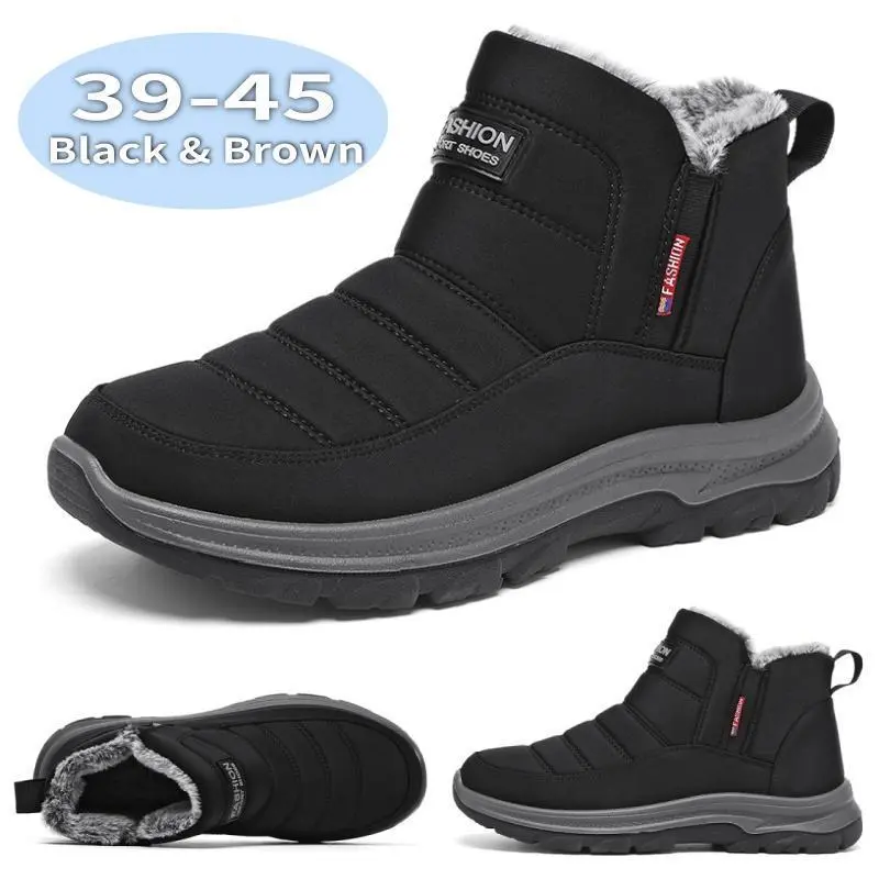 Men's Lightweight Waterproof Snow Boots, Warm Cotton-Lined Slip-On Winter Ankle Footwear with Non-Slip Treads, Chevron