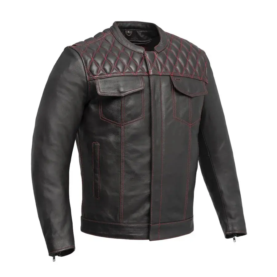 SoHo Shadow Men's Cow Leather Thick-Sleeves Motorcycle Jacket, Mens Tops with Detachable Vest Design, Menswear, Coats, Cropped, Tapered, Zipper, True Fit Black Paisley