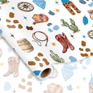 Little Cowboy Wrapping Paper -Mini Roll- 17 Inch x 32.8Ft Blue Brown Cowboy Hat Clothes Cactus  Wrap Art Paper for Western Birthday  Shower Supplies