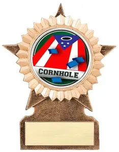 BuyAwardsandTrophies Cornhole Star Stand Trophy - Plastic Trophy with Base, Awards and Trophies for Sports Competition, Prizes for Adults and Kids Brown, 5"/5.5"/6"