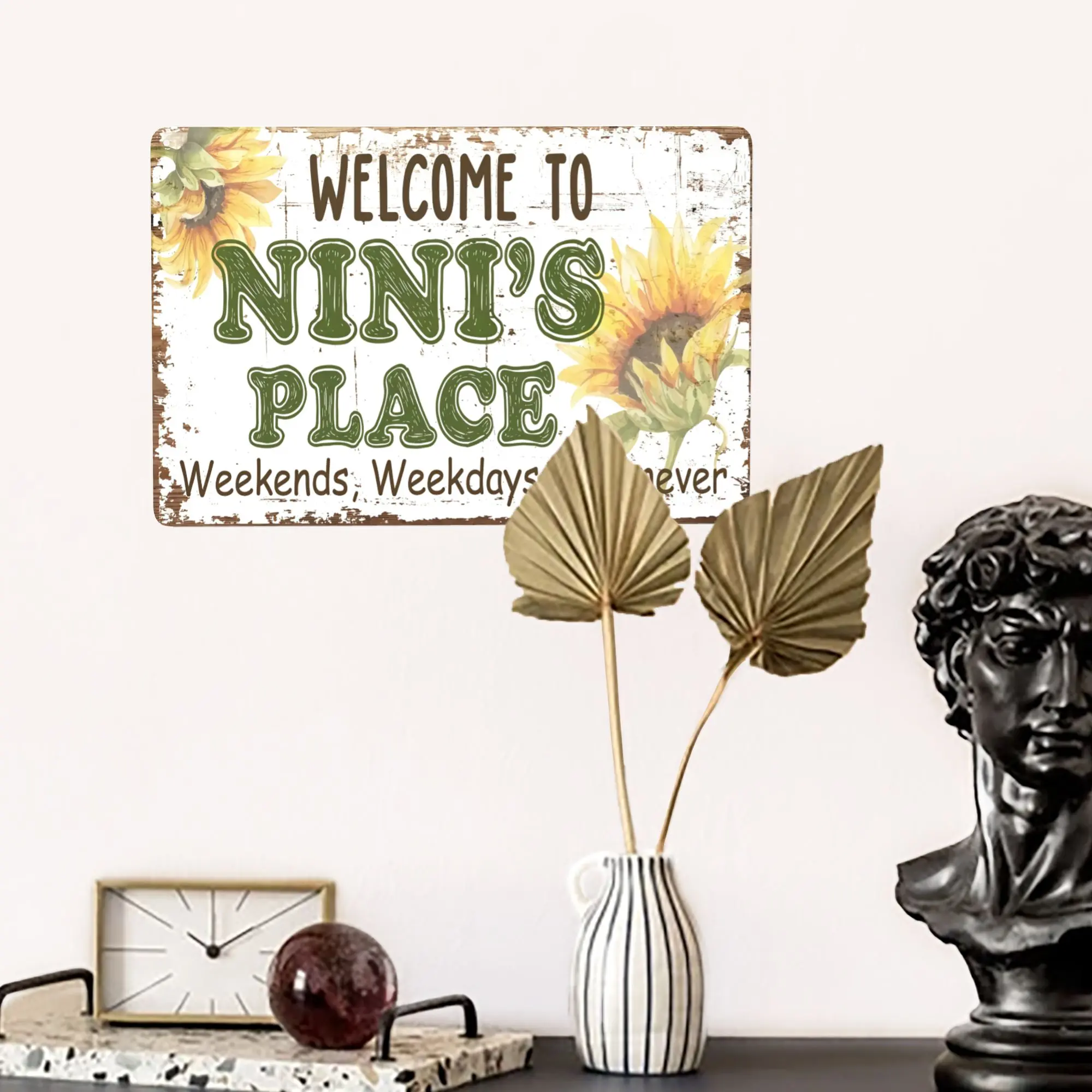 12x8in "Welcome to Nini's Place" Metal Wall Sign, Sunflower Accents, Pre-Drilled Holes for Easy Hanging, Weather-Resistant & Waterproof, Farmhouse Decor, Gift for Family & Loved Ones Named Nini