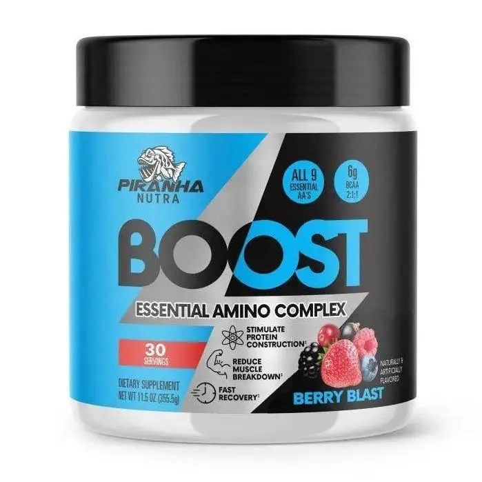 Piranha Nutra BCAA EAA BOOST Essential Amino Complex Powder - 6g Fermented BCAAs, Full Spectrum EAAs, Sugar Free, Caffeine Free, L-Glutamine, Electrolytes Energy Supplement (30 servings)