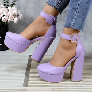 Women’s PU Leather Platform Pumps – 5.51-inch high chunky block heels, round closed toe with ankle strap; elegant fashion, comfortable dress heeled shoes for wedding parties