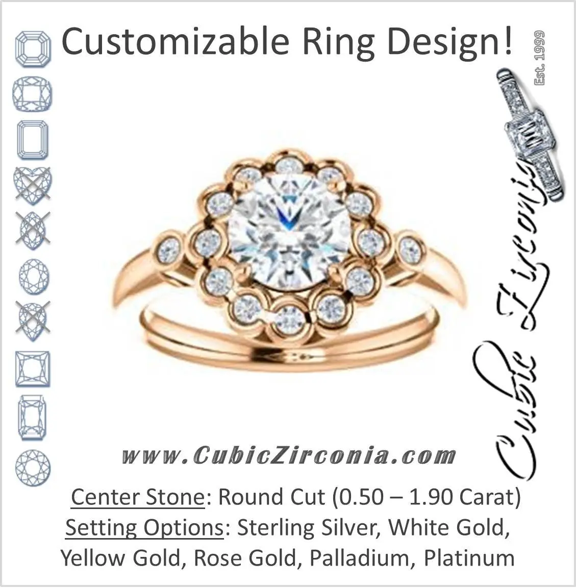 Cubic Zirconia Engagement Ring- The Raleigh (Customizable Round Cut Design with Clustered Halo and Round Bezel Accents)