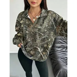 Women’s hooded half-zip casual crewneck sports top, all-over leaf print, digital print, loose fit, autumn/winter