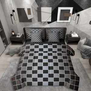 Black Checkered Bedding Set,7 Piece Brown Greyish Ombre Bed in A Bag with Sheets Buffalo Plaid Grid Comforter Set for Kids Adults,Aesthetic Gingham Bed Sets