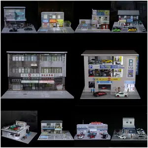 Diorama 1/64 Scale Car Garage Model LED Lighting City Street View Store Building Repairworkshop Car Parking Lot Scene Display Model Collection Gift Toy