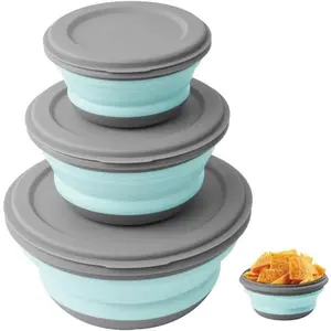 3pcs food grade silicone collapsible bowls with lids for camping travel and picnic as salad bowls or lunch boxes