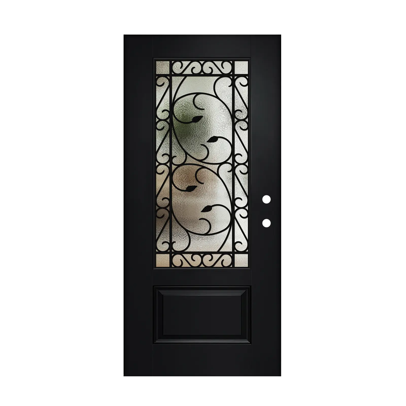 Textured Fiberglass Entry Door Slab, 36x80, Left-Hand Inswing, 3/4 Lite with Wrought Iron and Low-E Glass, Black, Polyurethane Foam Core, Modern American Design