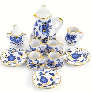 Miniature Chinese ceramic Blue Vine Pattern tea set, 1:12 scale Miniature porcelain tableware, home decor resin kitchen accessories, ideal birthday gift with mini floral pattern teapot, cups, and saucers with gold embellishments.