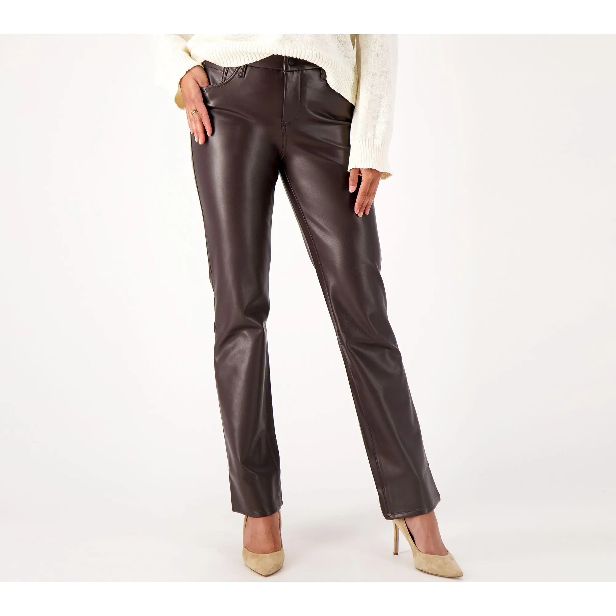 NYDJ Marilyn Straight Faux Leather Pants- Cordovan
