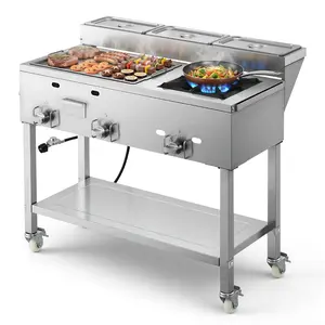 VEVOR Outdoor Propane Griddle, 3 Burners (11,600 BTU Each), Commercial Stainless Steel Griddle with Three 1/3 Size Food Pans, Portable Cart with Wheels & Gas Stove, for Hot Dogs, Burgers & Meats