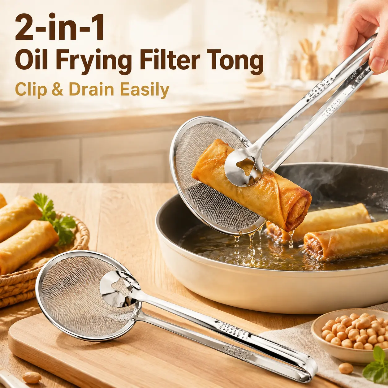 2-in-1 Oil-Frying Filter Clip, Kitchen Food Strainer Tongs for Fried Food, Stainless Steel Stainless Steel Drain Oil Fried Food Strainer with Clip Fry Tool Oil Skimmer Food Clip Tong Filter Strainer Mesh