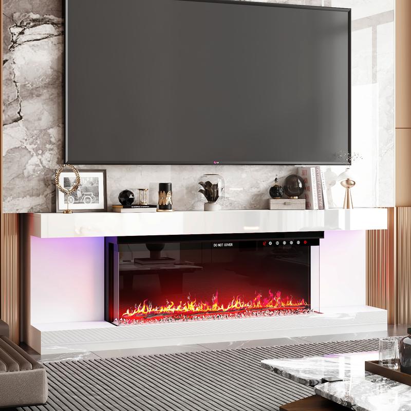 FUFU&GAGA Electric Fireplace TV Stand for TVs up to 70 Inch with LED Light 1500W Adjustable Flame 2-Level Heat Media Entertainment Center Console Table White Black Living Room Furniture Shelf nightstand tv stand
