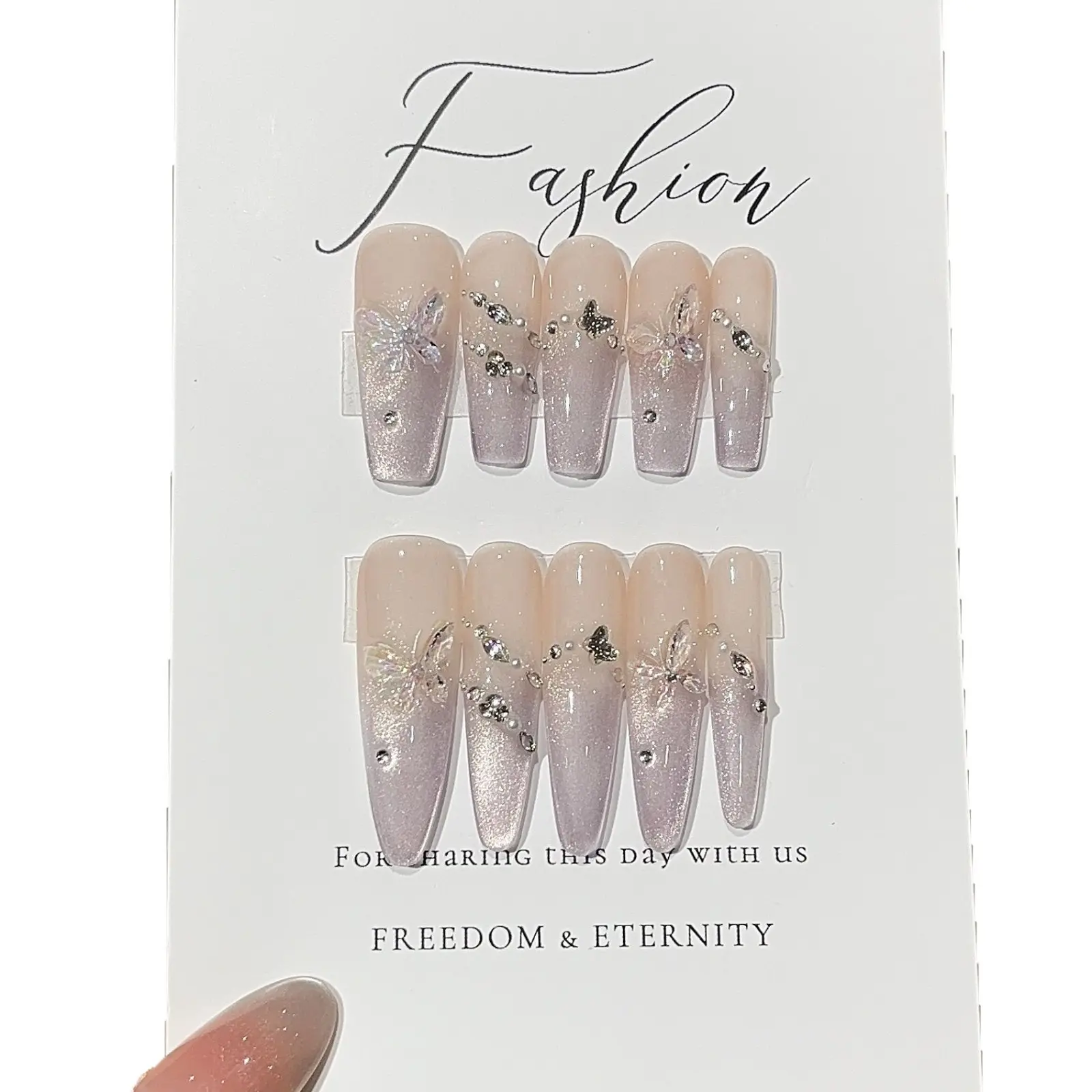 Elegant Reusable Detachable Acrylic Plastic Press-On Artificial Nail Set - Gradient Halo Effect, Marbled Detailing, 3D Embossing Translucent Purple Butterfly, Artificial Zircon Accent, Chain Embellishment, Adhesive Patch