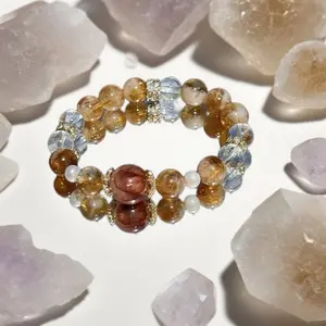 AAA Grade Yellow Hematoid Quartz Clear Quartz & Red Hematoid Quartz Crystal Bracelet Energy Clarity Beauty 10-14mm Bold Healing Jewelry for Daily Wear Meditation or Gifting