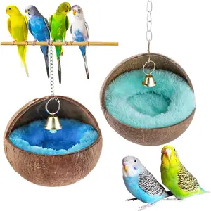 2 Pcs Natural Coconut Shell Bird Nest House Bed Breeding Nesting Anti-Pecking Bite with Warm Pad and Bell for Bird Parrot Budgie Parakeet Cockatiel Conure Lovebird Canary Finch Unrefined Salt for Pets