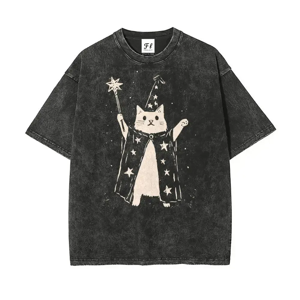 Wizard Cat with Star Wand Vintage S~3XL Oversize Unisex Washed T-Shirt for Women and Men's Unisex Fit Batik Cotton Oversize Streetwear Menswear  Super Soft Pre-Shrunk