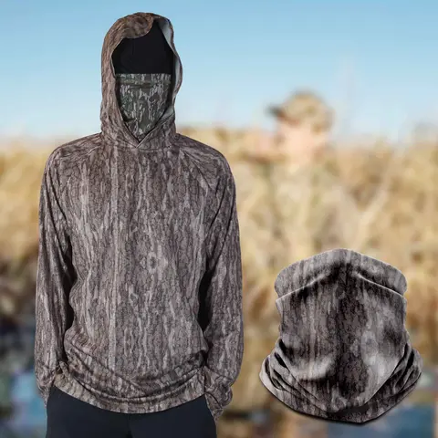 Men's 2-Piece Blend-In Camo Scarf + Hoodie Set Hunt Gear, Lightweight Fast-Dry Fabric UV-Protective Top for Duck Hunting & Fishing, All Seasons Outdoor Wear Gift for Him