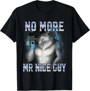 Men's 100% Cotton Vintage Short-Sleeve Casual T-Shirt - Funny "No More Mr Nice Guy" Alpha Wolf Meme Unhinged Brainrot Graphic Top