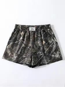 Ladies' casual loose sports shorts, Casual Athletic Shorts, summer style, featuring tree pattern camouflage full print, with letter waist label, offer a comfortable, retro, and street fashion look, making them ideal for everyday wear