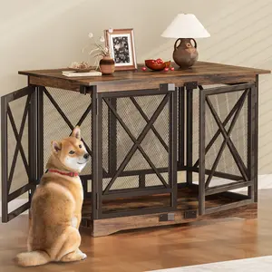 COZPAW Large Dog Crate Furniture - 48 inch Heavy Duty Dog Kennel Indoor for XLarge Breed with Double Doors, Wooden Dog Cage XL Modern Decorative End Table Pet House (Brown)