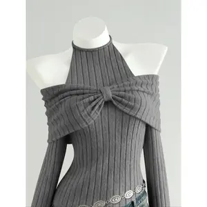 Women's Fuzzy Knit Asymmetrical Hem Bow Tie Design Sweater, Casual Elastic Pullover for Fall Winter, Stylish Shoulder Cut Out Top