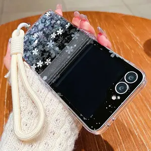Cherry Blossom Lanyard Phone Case For Samsung Galaxy Z Flip 7 FE 6 5 4 3 5G Folding Hard Clear Cover For Samsung Z Flip7 Flip6