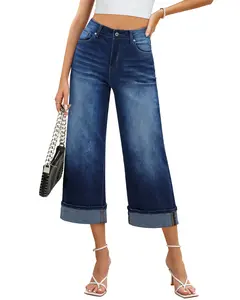 GRAPENT Wide Leg Jeans for Women High Waisted Stretchy Denim Crop Pants Fold Hem Cropped Baggy Jeans with Pockets Casual Basic Summer Bottom