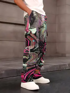 One-piece Cyber Neon Ripple Texture Men's Cargo Pants, Trendy and Cool Personality Style with Multi-pocket Design