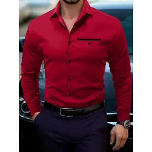 Sleek Red Long Sleeve Dress Shirt for Men - Fashionable Polyester, No-Fold Design with Faux Chest Pocket, Machine Washable, All-Season Wear
